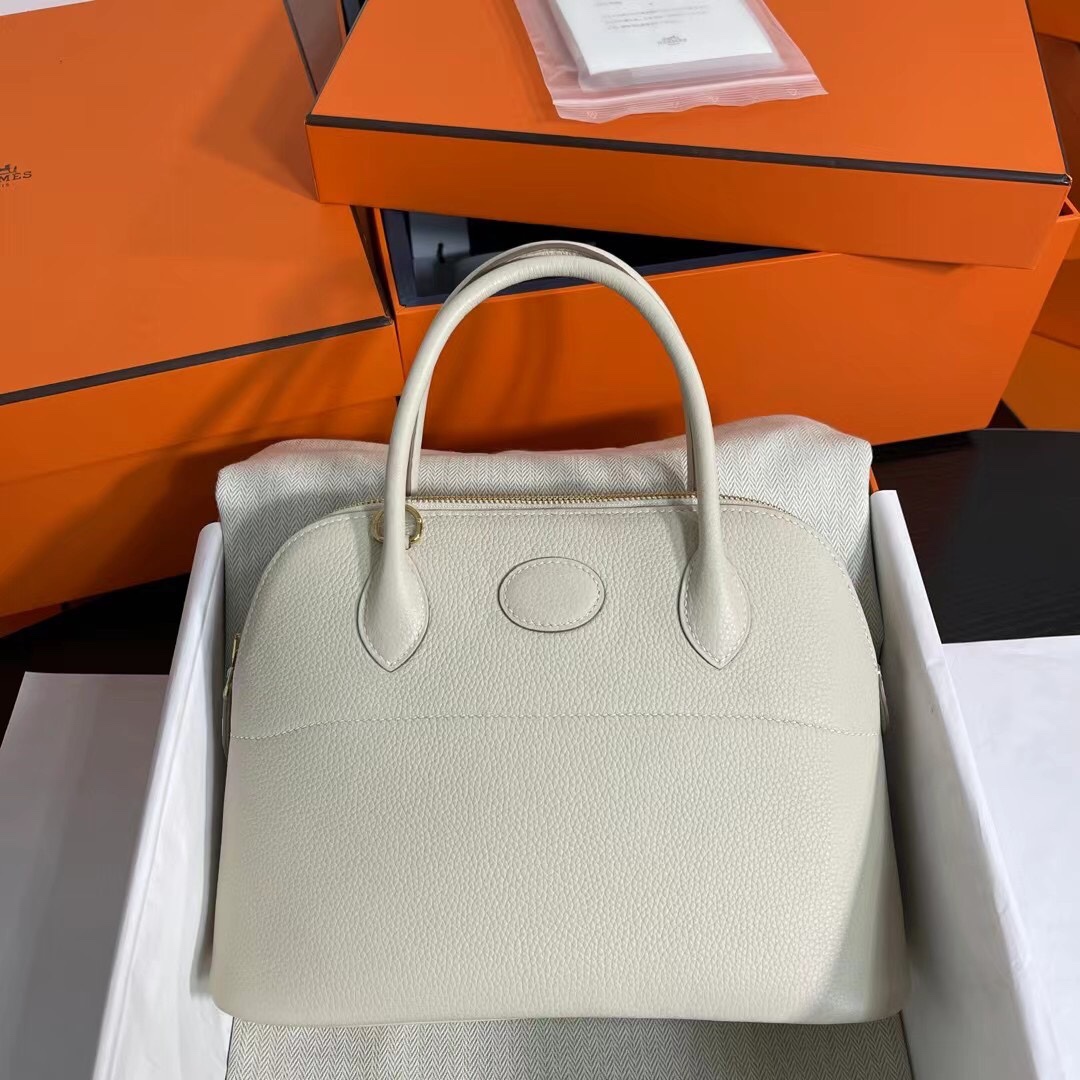 Hermes Bolide 27cm Handbag In White Clemence Leather